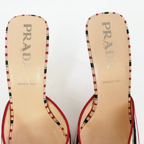 Vintage Prada Red Navy Cream Striped Bow Square Toe Slide Mules Heels IT 38.5 - Picture 7 of 11